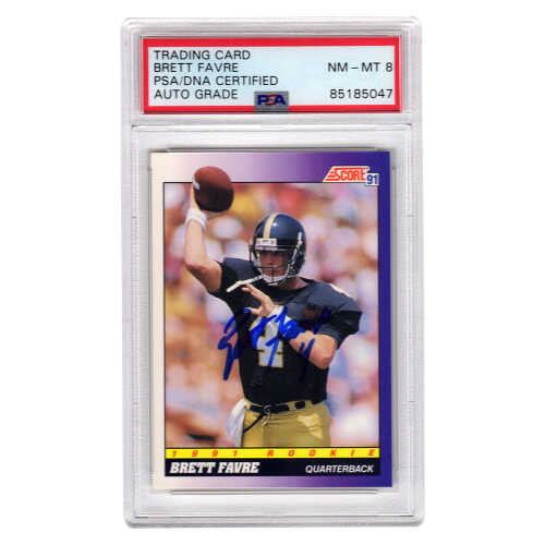 Brett Favre Signed 1991 Score Rookie Football Card #611 -(PSA Encapsulated / Auto Grade 8)