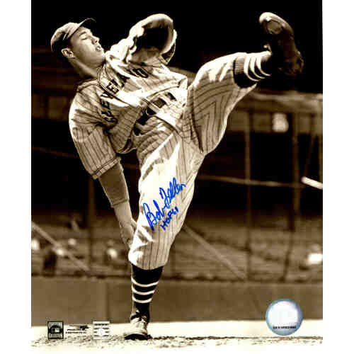 Bob Feller Signed Cleveland Indians B&W Pitching Leg Raised 8x10 Photo w/HOF'62