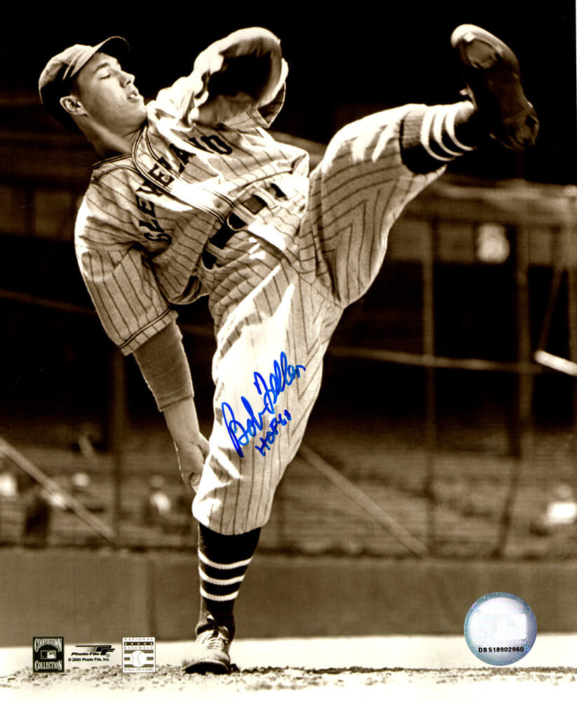 Bob Feller Signed Cleveland Indians 8x10 HOF B&W Pitching Photo