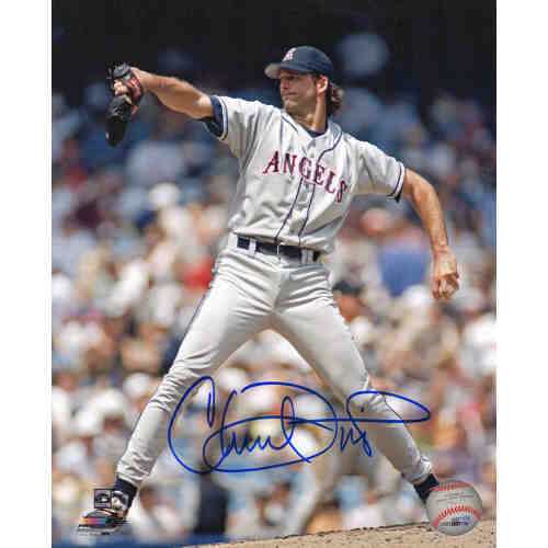 Chuck Finley Signed Angels Grey Jersey Pitching 8x10 Photo
