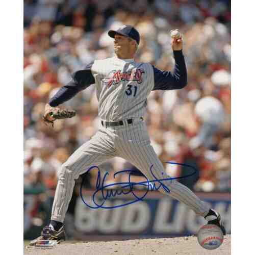 Chuck Finley Signed Angels Pinstripe Jersey Pitching 8x10 Photo