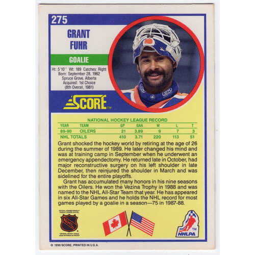 Grant Fuhr Signed Edmonton Oilers 1990-91 Score Hockey Trading Card #275 w/HOF'03 - Image 2