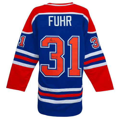 Grant Fuhr Signed Blue Throwback Custom Hockey Jersey w/HOF'03