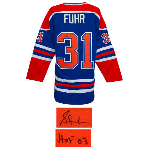 Grant Fuhr Signed Blue Throwback Custom Hockey Jersey w/HOF'03 - Image 2