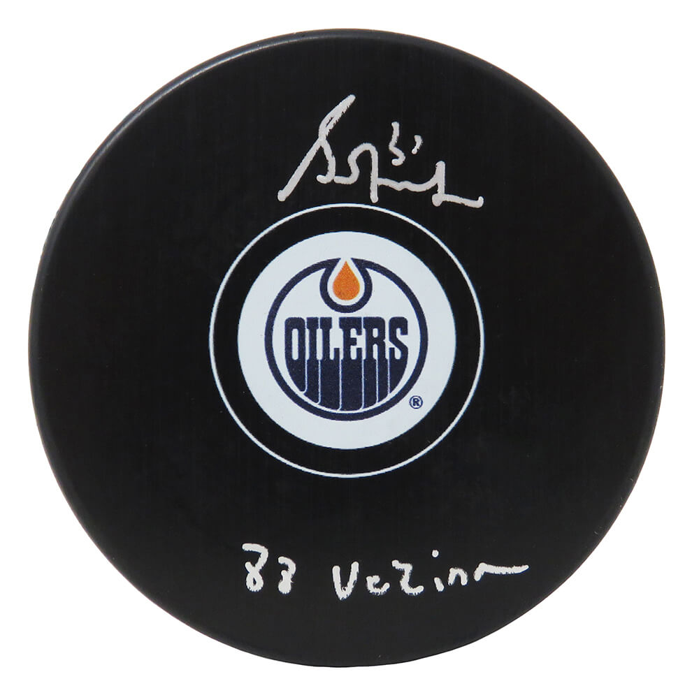 Grant Fuhr Signed Edmonton Oilers Logo NHL Hockey Puck w/88 Vezina -SCHWARTZ COA