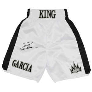 Ryan Garcia Signed King Ryan White With Black Trim Custom Boxing Trunks - (Beckett)