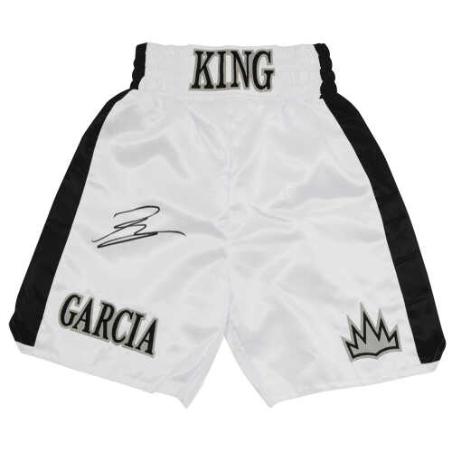 Ryan Garcia Signed King Ryan White With Black Trim Custom Boxing Trunks - (Beckett)