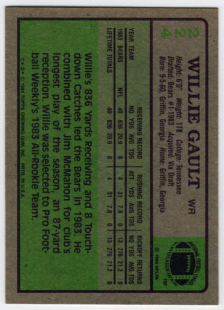 Willie Gault Signed Chicago Bears 1984 Topps Rookie Football Trading Card #224 - Image 2