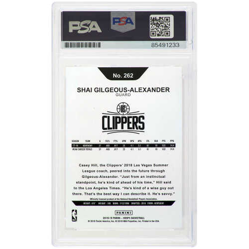 Shai Gilgeous Alexander Signed Clippers 2018-19 Panini NBA Hoops Rookie Basketball Card #262  (PSA Encapsulated) - Image 2