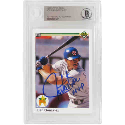 Juan Gonzalez Signed Texas Rangers 1990 Upper Deck Rookie Baseball Card #72 w/96, 98 AL MVP - (Beckett Encapsulated)
