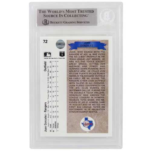 Juan Gonzalez Signed Texas Rangers 1990 Upper Deck Rookie Baseball Card #72 w/96, 98 AL MVP - (Beckett Encapsulated) - Image 2