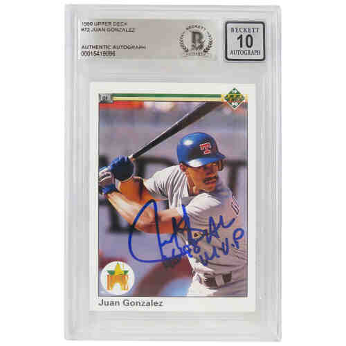 Juan Gonzalez Signed Rangers 1990 Upper Deck Rookie Baseball Card #72 w/96, 98 AL MVP - (Beckett - Auto Grade 10)
