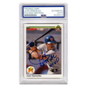 Juan Gonzalez Signed 1990 Upper Deck Rookie Baseball Card #72 w/96, 98 AL MVP – (PSA Encapsulated)