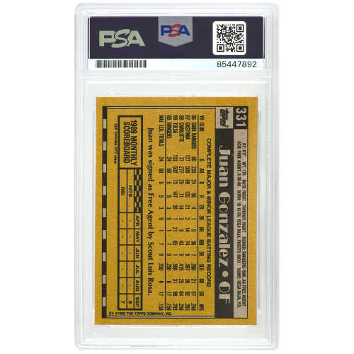 Juan Gonzalez Signed Texas Rangers 1990 Topps Rookie Baseball Card #331 - (PSA Encapsulated) - Image 2