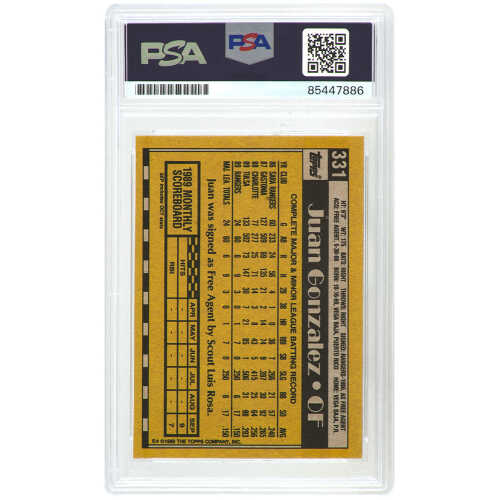 Juan Gonzalez Signed Texas Rangers 1990 Topps Rookie Baseball Card #331 w/2x MVP - (PSA Encapsulated) - Image 2