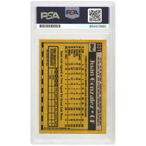 Juan Gonzalez Signed Texas Rangers 1990 Topps Rookie Baseball Card #331 w/434 HR's - (PSA Encapsulated) - Image 2