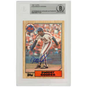 Dwight Gooden Signed New York Mets 1987 Topps Baseball Rookie Card #130 - (Beckett / Auto Sticker)