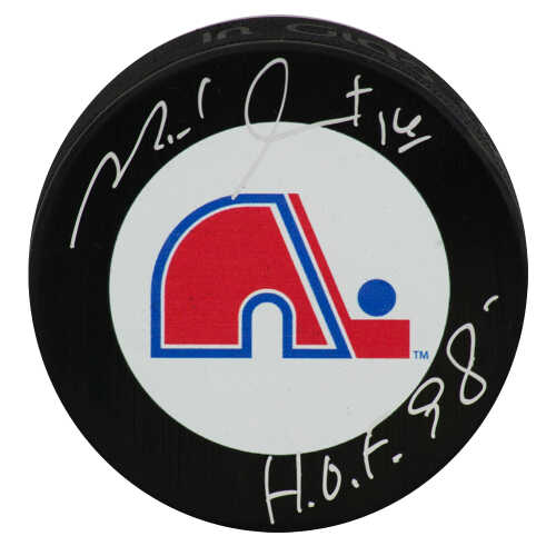 Michel Goulet Signed Quebec Nordiques Team Large Logo Hockey Puck w/HOF'98