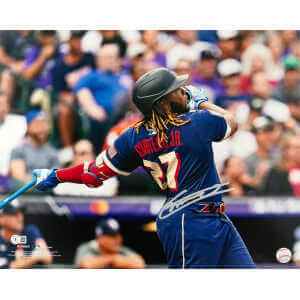 Vladimir Guerrero Jr Signed Toronto Blue Jays Blue Jersey Swinging Action 16x20 Photo - (Beckett)