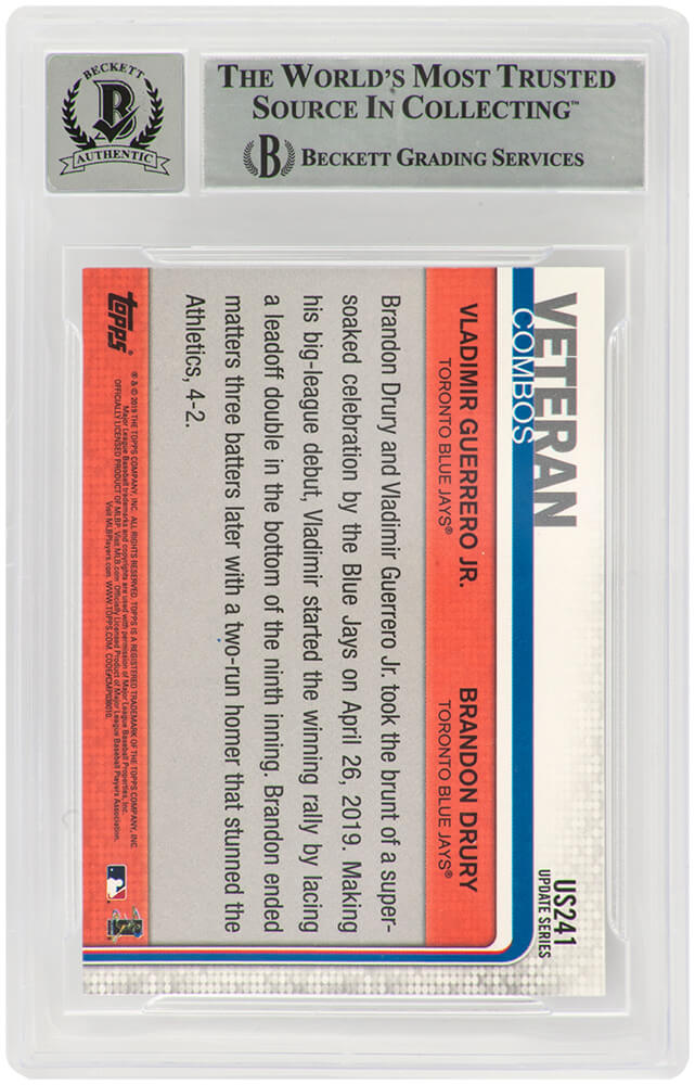 Vladimir Guerrero Jr. Signed Toronto Blue Jays 2019 Topps Update Rookie Baseball Card #US241 - (Beckett Encapsulated/ Auto Grade 10) - Image 2