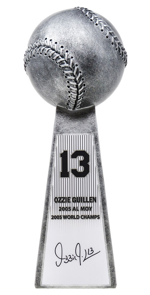 Ozzie Guillen Signed Baseball World Champion 14 Inch Replica Silver Trophy