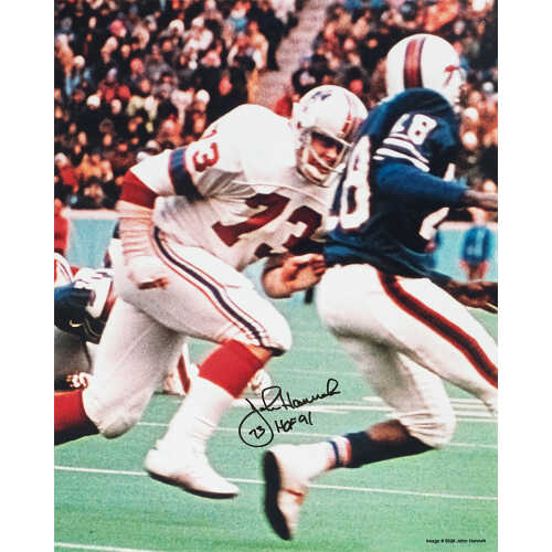 John Hannah Signed New England Patriots White Jersey Action 16x20 Photo w/HOF'91