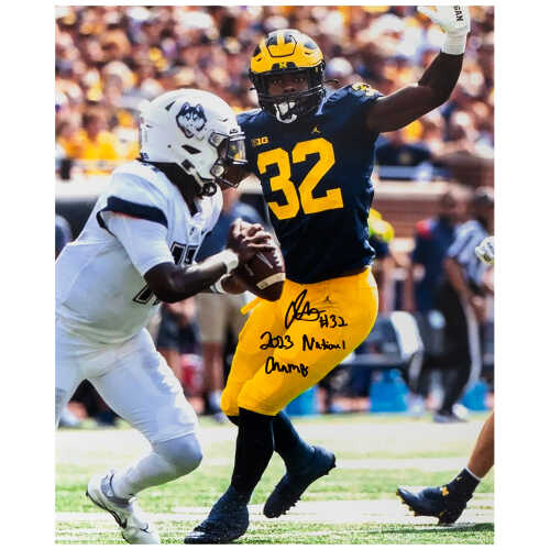 Jaylen Harrell Signed Michigan Wolverines Navy Jersey Action 16x20 Photo w/2023 National Champs