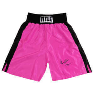 Thomas Hearns Signed Title Pink With Black Trim Boxing Trunks w/Hitman