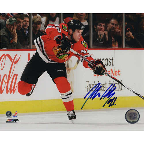 Jordan Hendry Signed Blackhawks Red Jersey Action 8x10 Photo w/#42