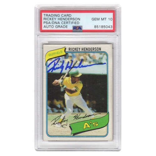 Rickey Henderson Signed Oakland A's 1980 Topps Rookie Baseball Card #482 (PSA Encapsulated / Auto Grade 10)