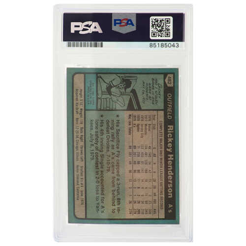 Rickey Henderson Signed Oakland A's 1980 Topps Rookie Baseball Card #482 (PSA Encapsulated / Auto Grade 10) - Image 2