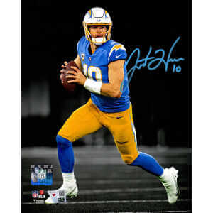 Justin Herbert Signed Los Angeles Chargers Rolling Out Spotlight Action 8x10 Photo - (Fanatics)