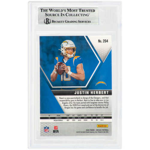 Justin Herbert Signed Los Angeles Chargers 2020 Panini Mosaic Rookie Football Card #204 - (Beckett Encapsulated) - Image 2