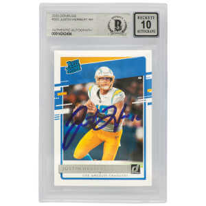 Justin Herbert Signed Chargers 2020 Donruss Rated Rookie Football Card #303 - (Beckett / Auto Grade 10)