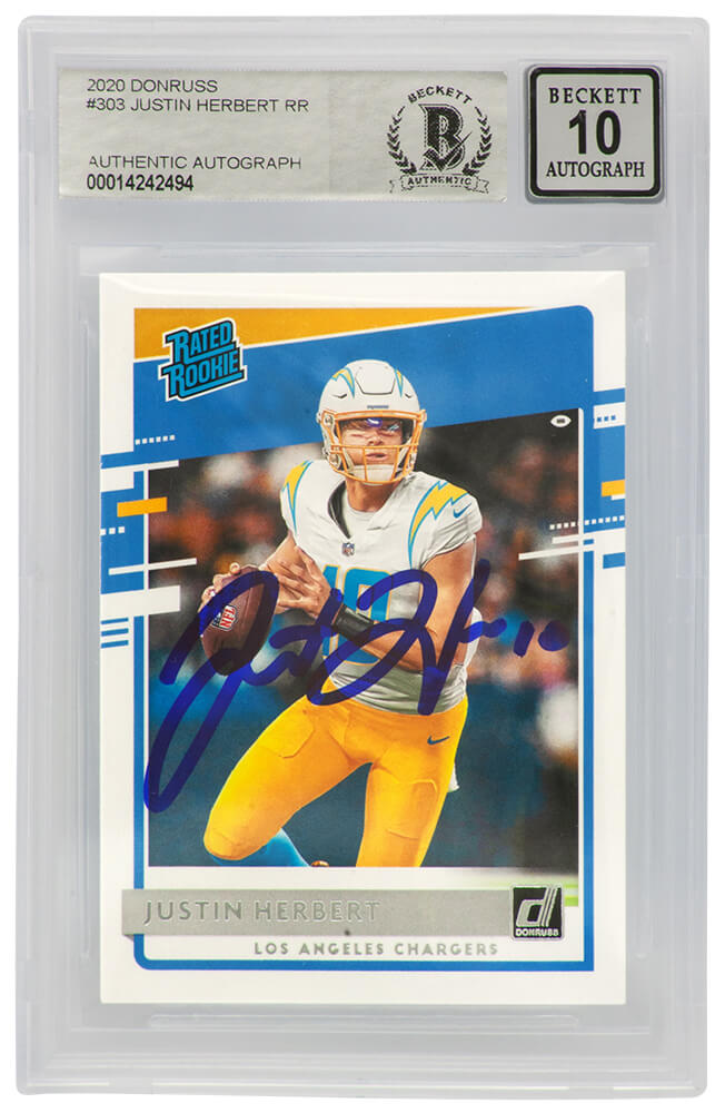 Justin Herbert Signed Chargers 2020 Donruss Rated Rookie Football Card #303 - (Beckett / Auto Grade 10)