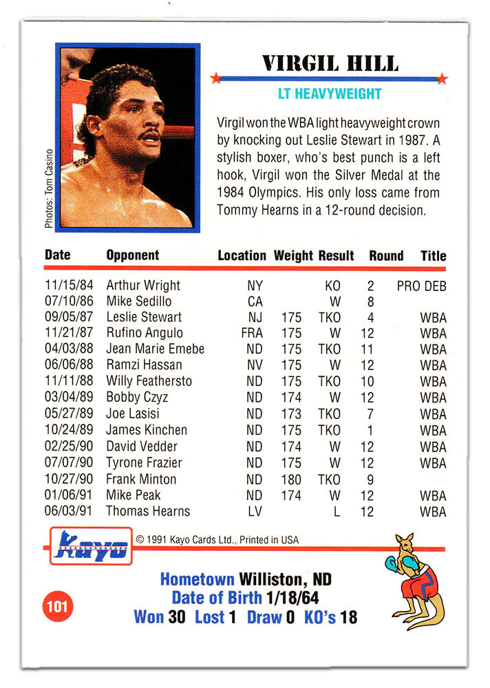 Virgil Hill Signed 1991 Kayo Boxing Trading Card #101 w/HOF'13 - Image 2