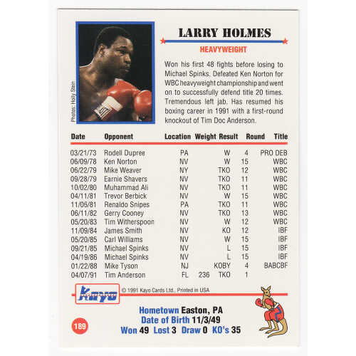 Larry Holmes Signed 1991 Kayo Boxing Trading Card #189 - Image 2