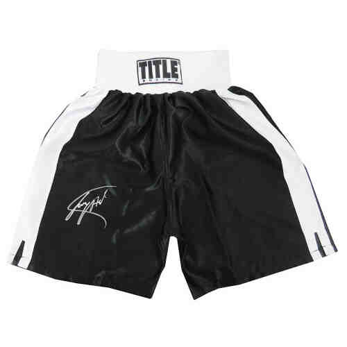 Larry Holmes Signed Title Black With White Trim Boxing Trunks