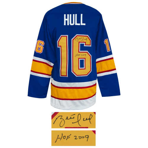 Brett Hull Signed Blue Custom Hockey Jersey w/HOF 2009 - Image 2