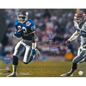 Mark Ingram Signed New York Giants Super Bowl XXV Blue Jersey Action 16x20 Photo w/SB XXV Champs