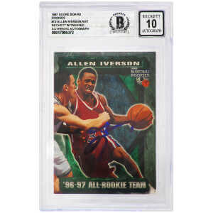 Allen Iverson Signed Philadelphia 76ers 1997 Score Board Rookie Basketball Card #73 (Beckett - Auto Grade 10)