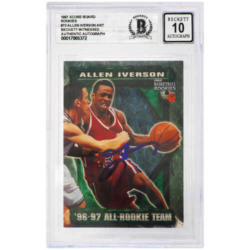 Allen Iverson Signed Philadelphia 76ers 1997 Score Board Rookie Basketball Card #73 (Beckett - Auto Grade 10)