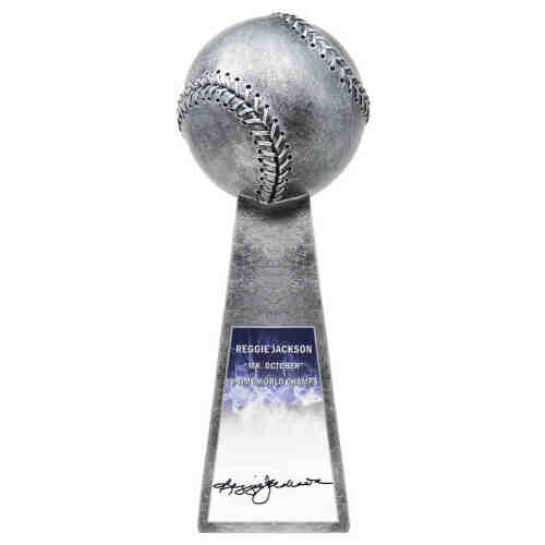 Reggie Jackson Signed Baseball World Champion 14 Inch Replica Silver Trophy