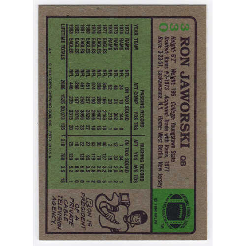Ron Jaworski Signed Philadelphia Eagles 1984 Topps Football Trading Card #330 - Image 2