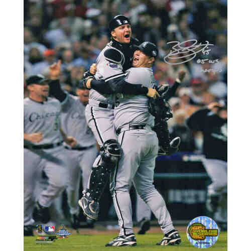 Bobby Jenks Signed Chicago White Sox 2005 World Series Celebration Hugging A.J. Pierzynski 8x10 Photo w/05 WS Champs