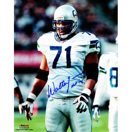 Walter Jones Signed Seattle Seahawks White Jersey Action 8x10 Photo w/HOF'14