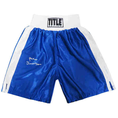 Junior Jones Signed Title Blue With White Trim Boxing Trunks w/Poison