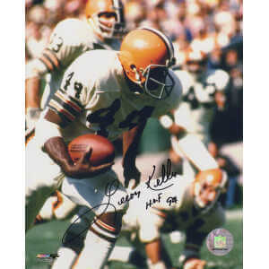 Leroy Kelly Signed Cleveland Browns White Jersey With Football Action 8x10 Photo w/HOF'94