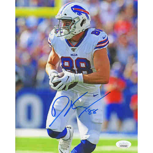 Dawson Knox Signed Bills White Jersy With Football 8x10 Photo (JSA)