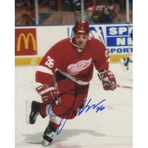 Joe Kocur Signed Detroit Red Wings Red Jersey Skating Action 8x10 Photo